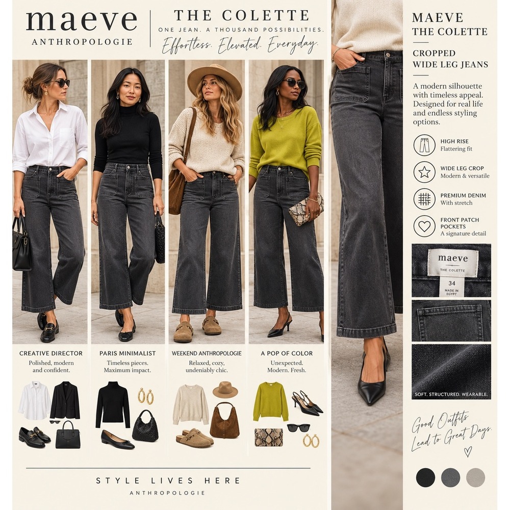 Maeve Anthropologie The Colette Jeans 34 Black High Rise Wide Leg Crop Pants